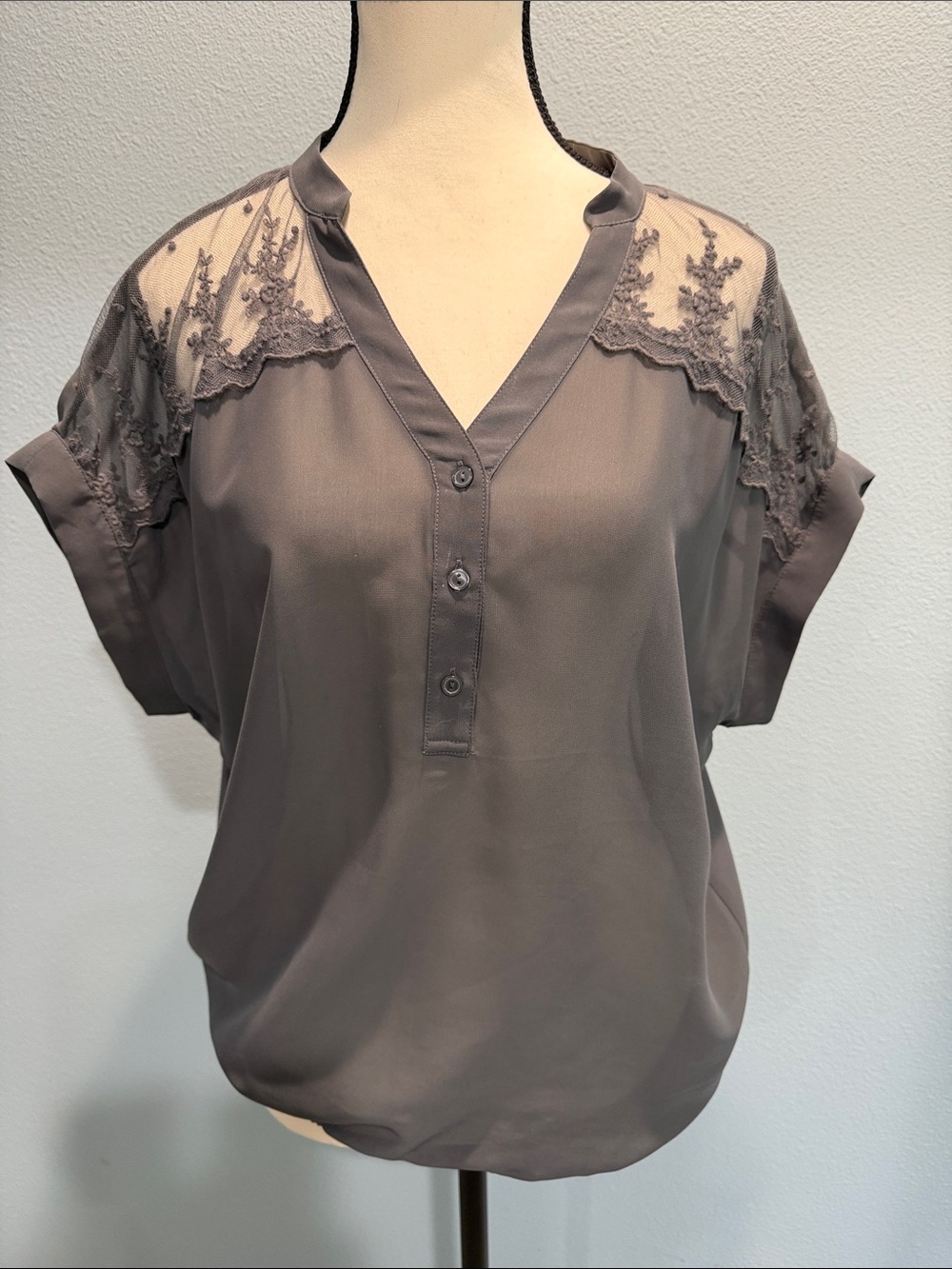 The Limited Gray Lace-Yoke V-Neck Button Blouse
